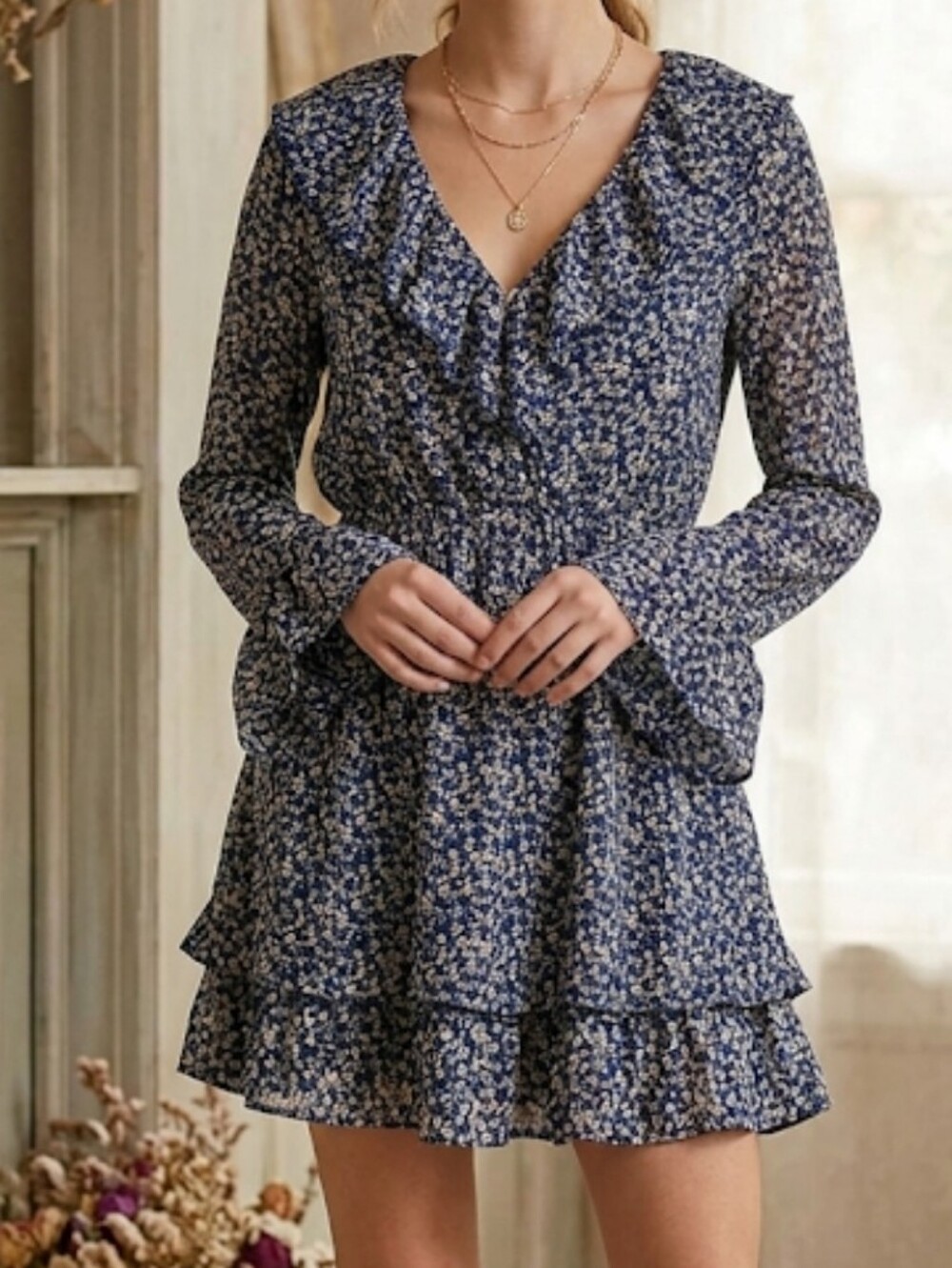 Floral Ruffle Long Sleeve Cottagecore Mini Dress Romantic Tiered Navy